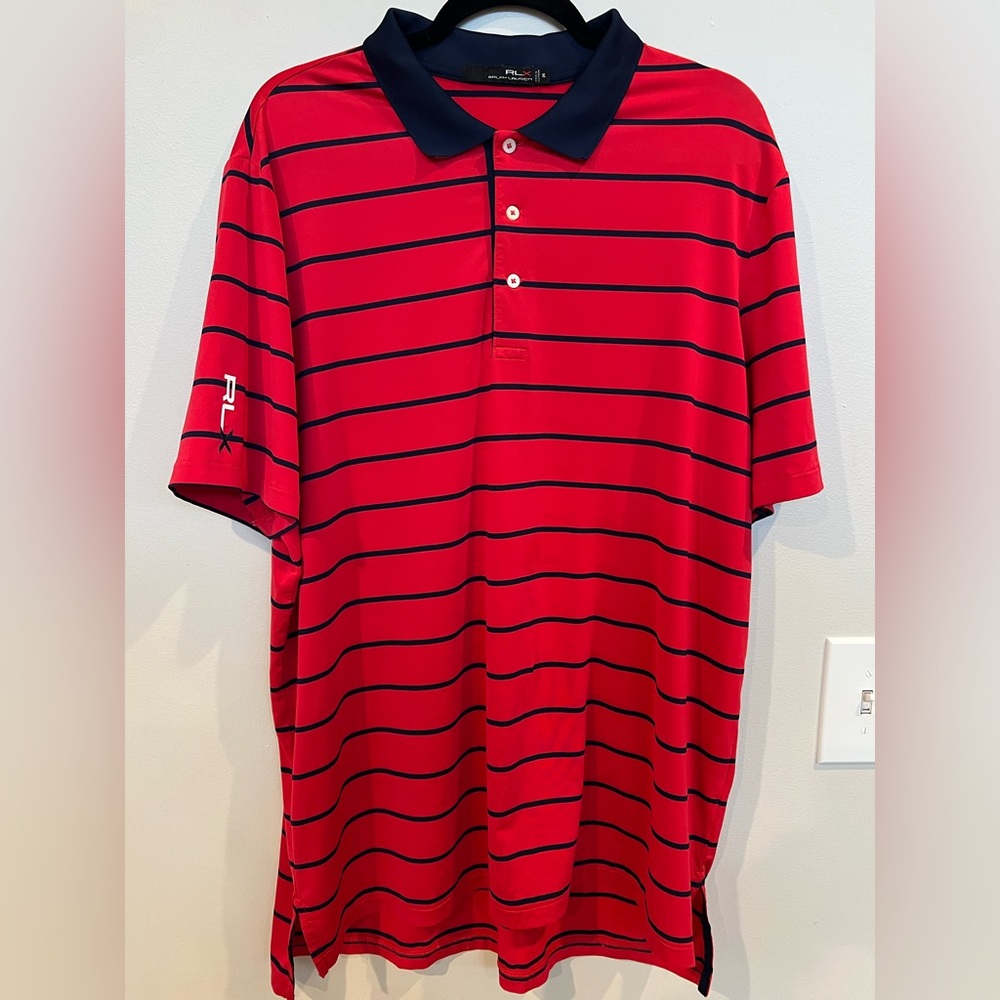 RLX Ralph Lauren Stretch Polo Shirt Mens Red Blue Stripe Size XL